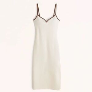 Women's Petite Notch-Neck Abercrombie Midi Dress (off white with brown trim)